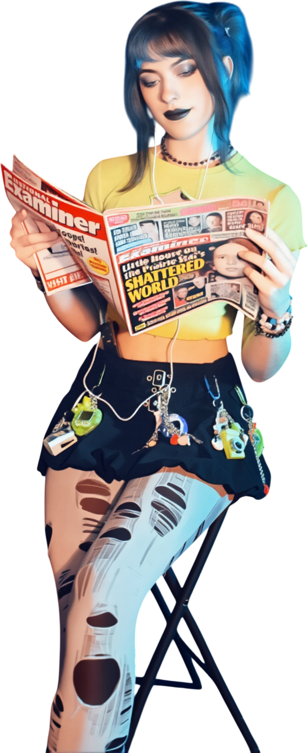 Model reading a tabloid with charms clipped across her skirt