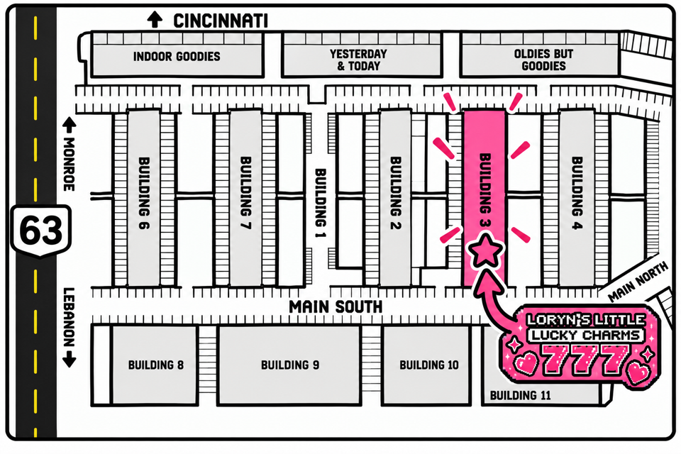 Map of Traders World Flea Market with Building 3, the Main Office / Food Building, highlighted in pink where Loryn's Little Lucky Charms is located, off Main South